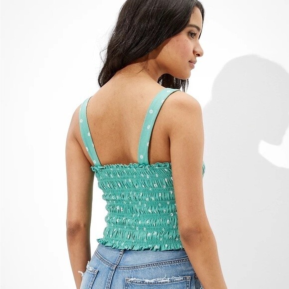 Anerican Eagle Cropped Smocked Floral Tank Top Cotton Modal Blend Teal Size XS - Picture 2 of 13